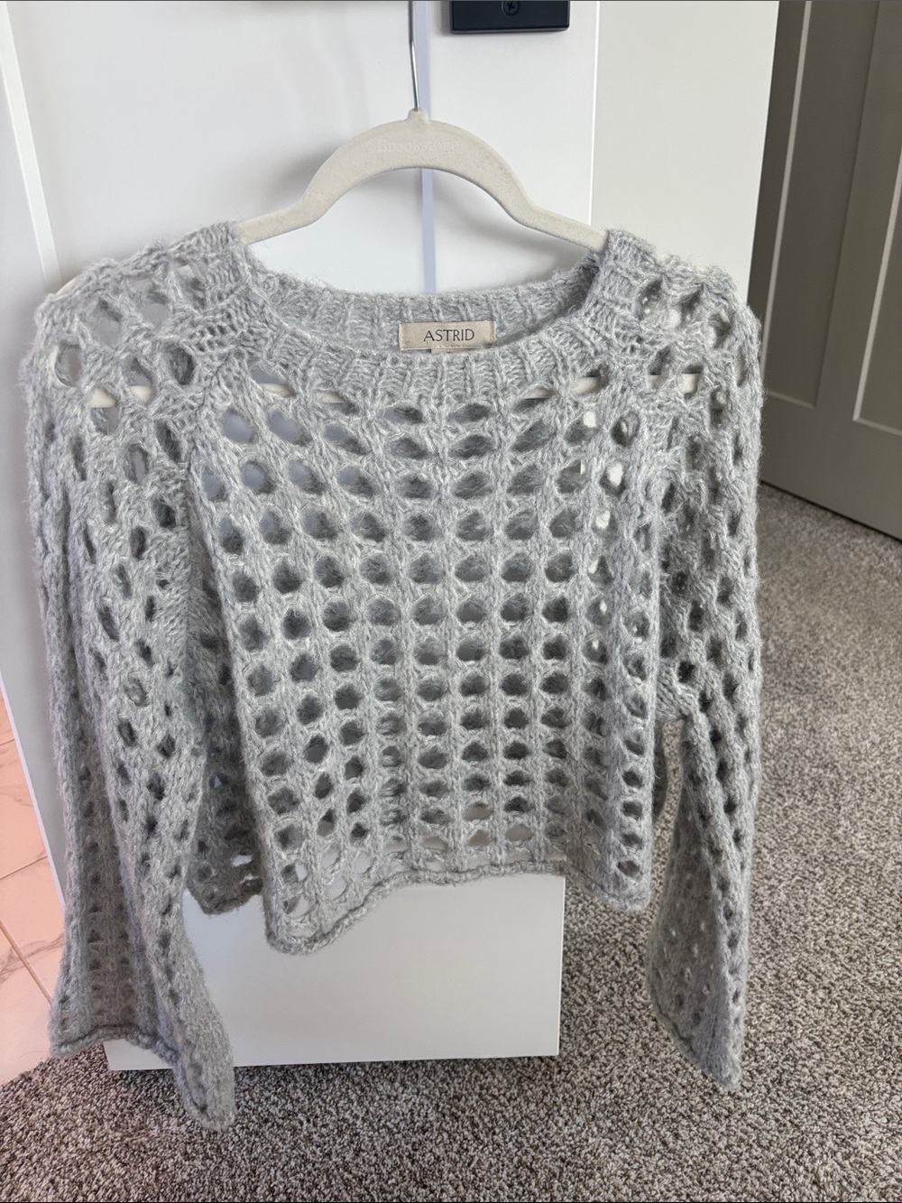 Astrid (Astr) Light Gray Open Crochet Crewneck Sweater